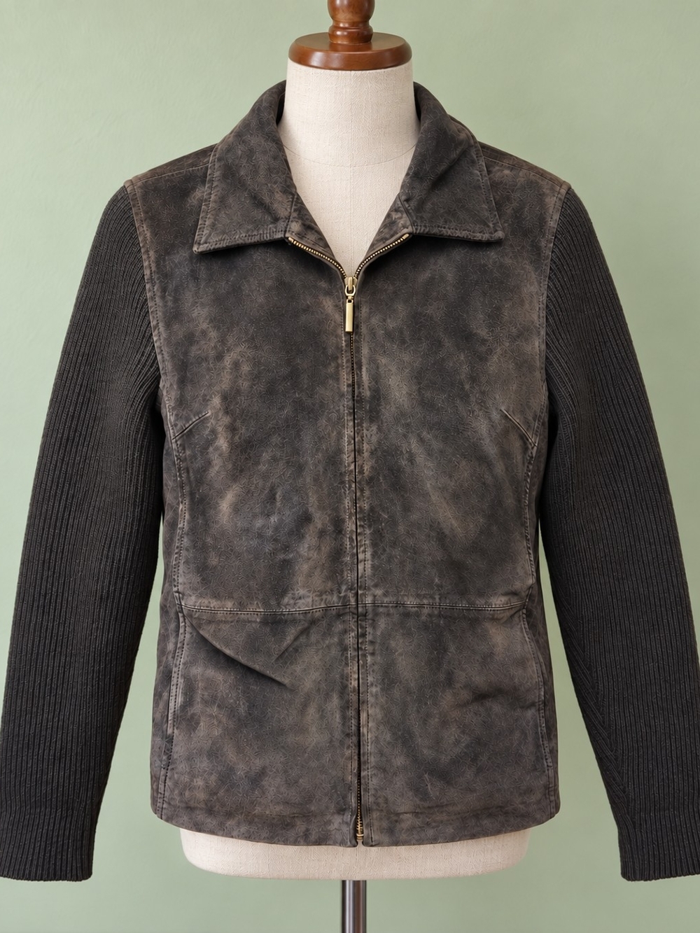 Vintage Fabio Chocolate Brown Leather Knit Sleeve Zip Jacket Y2K Size L